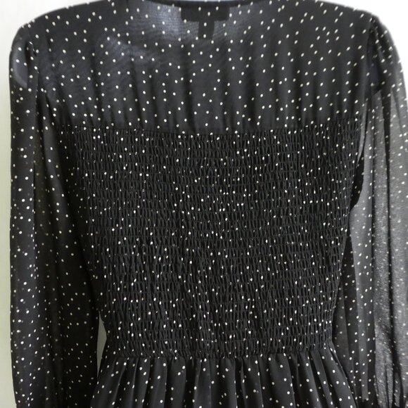 Top Shop Black Peasant Dress Midi White Polka Dots Tiered Ruffles Smocked Bodice - Picture 5 of 7